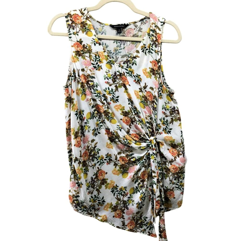 Banana Republic Tie Front Tank Top Womens S V-Neck Side Tie Floral Rayon Blouse